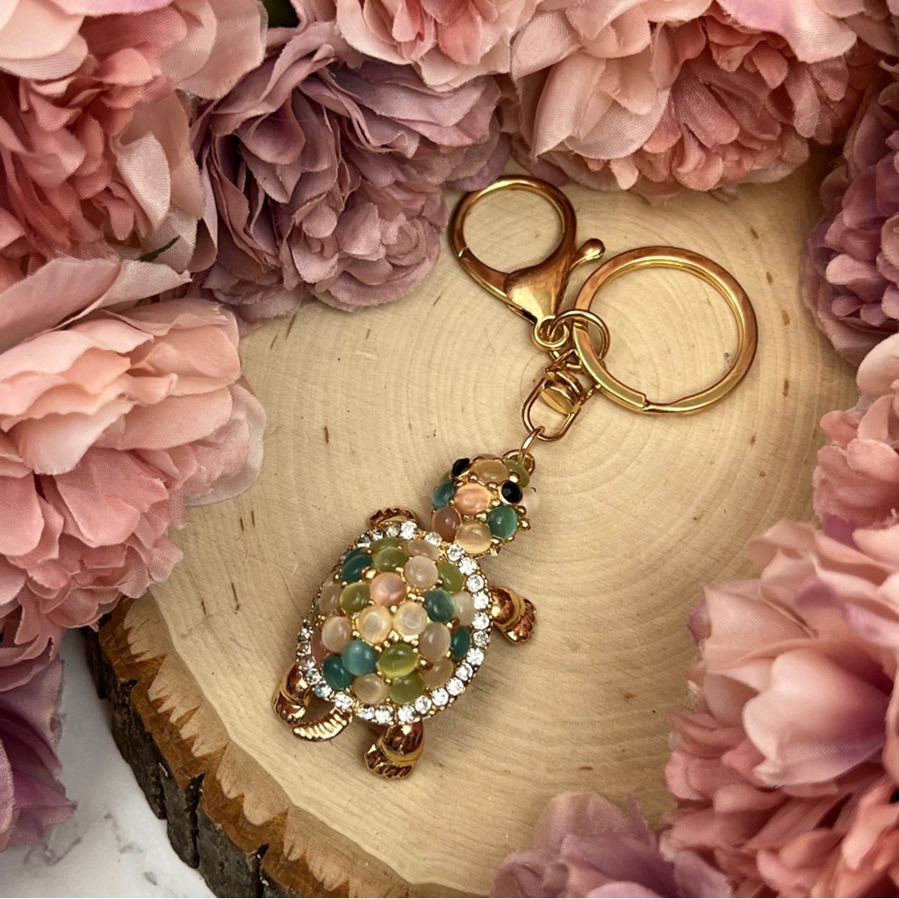 Gorgeous Crystal and Beaded Pastel Turtle Keychain Charm - Picture 6 of 16